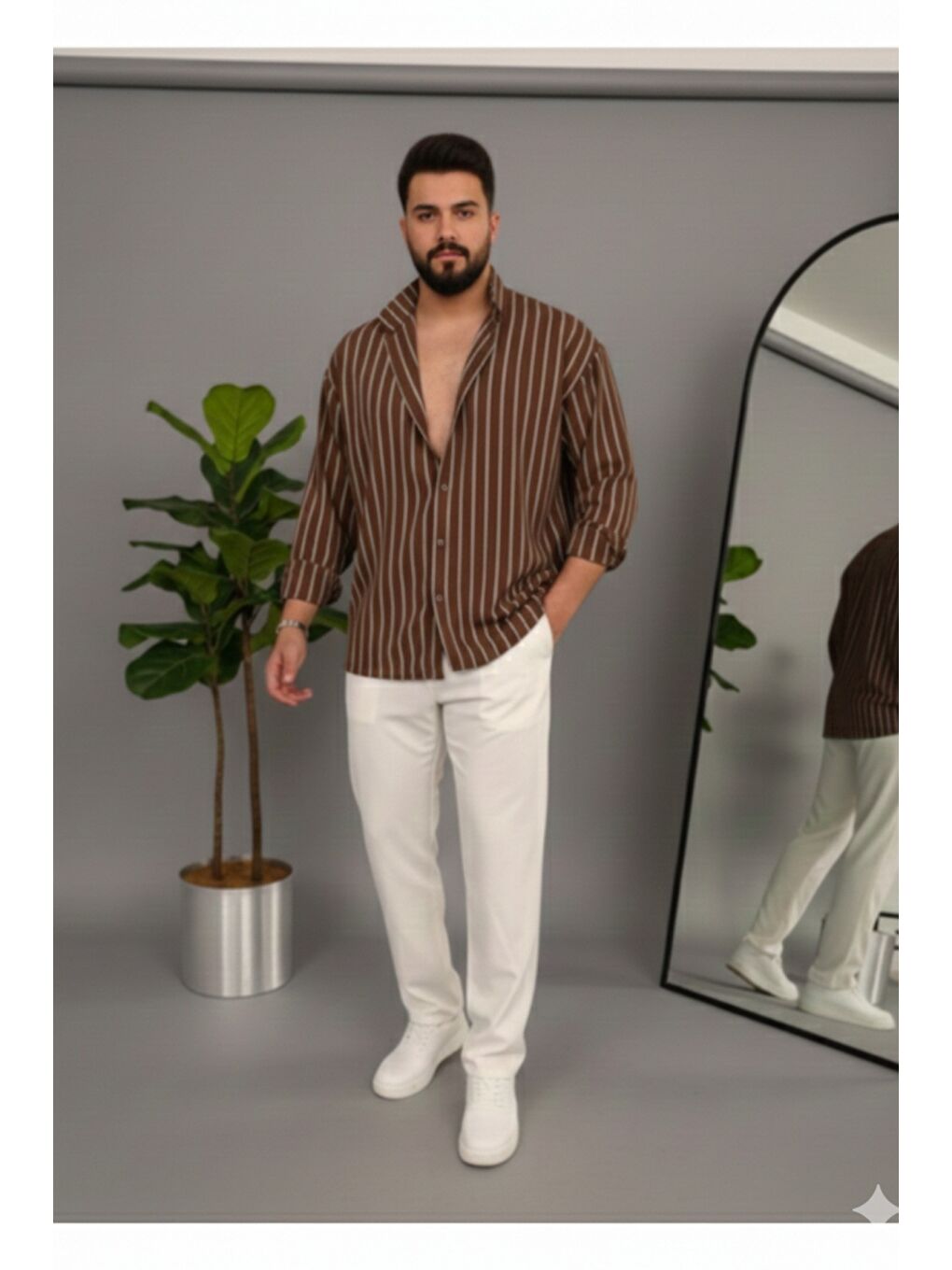 Kahverengi Erkek İki Çizgili Regular Relaxed Fit Uzun Kollu Gömlek-1