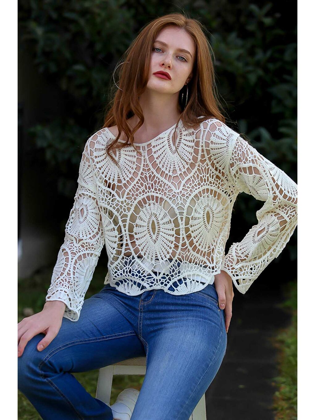 Kadın Beyaz Retro Tığ İşi Örgü Damla Desenli Triko Bluz M10010200BL95879-3