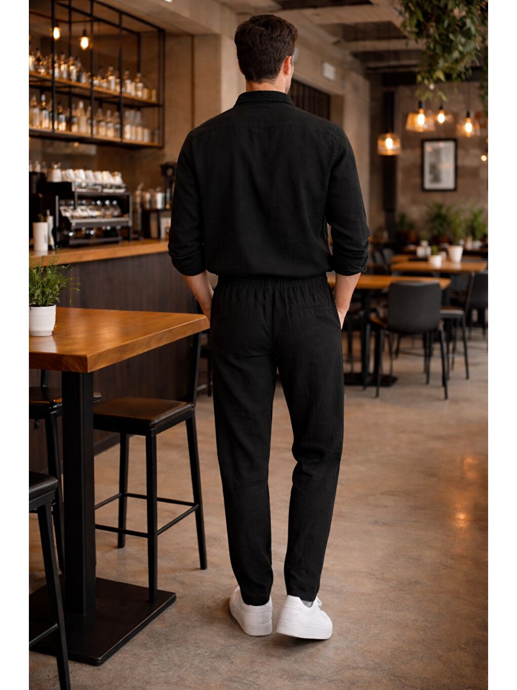 Siyah Erkek Oversize Keten Takım Salaş Kesim Gömlek Pantolon Yazlık Kombin-1