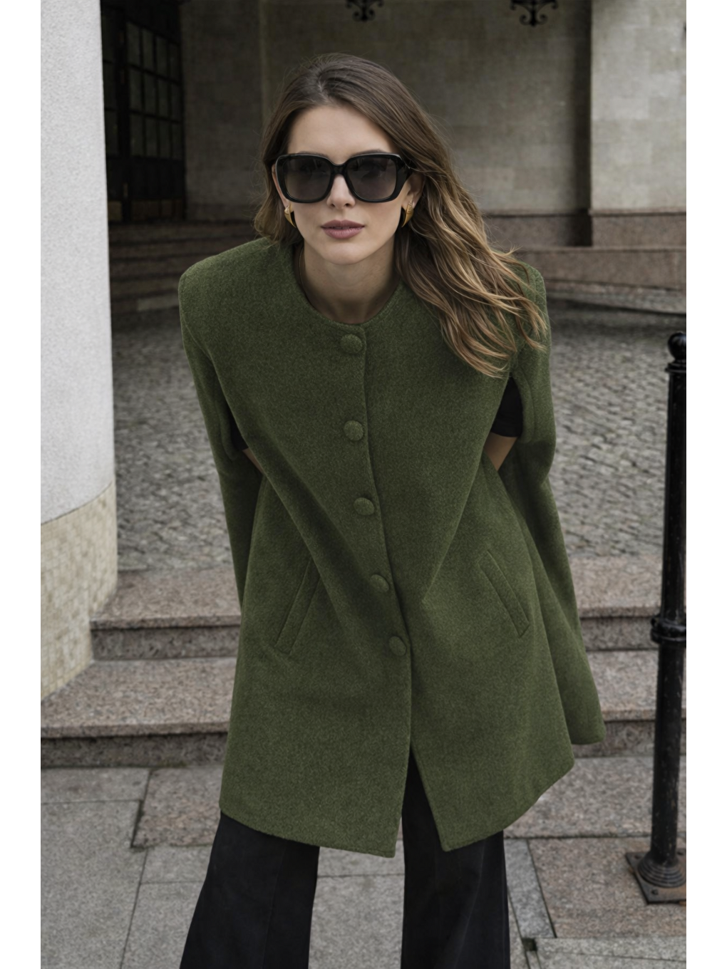 Kadın Kolsuz Relax Fit Haki Kaşe Panço-2