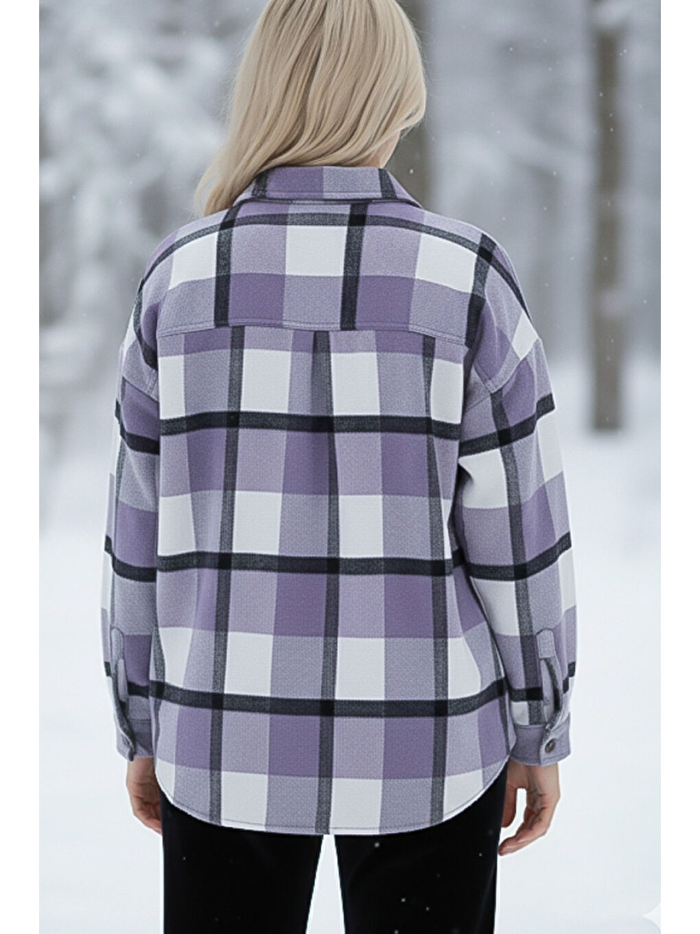 Lila Gömlek Yaka Manşetli Kollu Ekose Çift Kapaklı Cepli Kalın Oversize Dokuma Gömlek 68 66-1