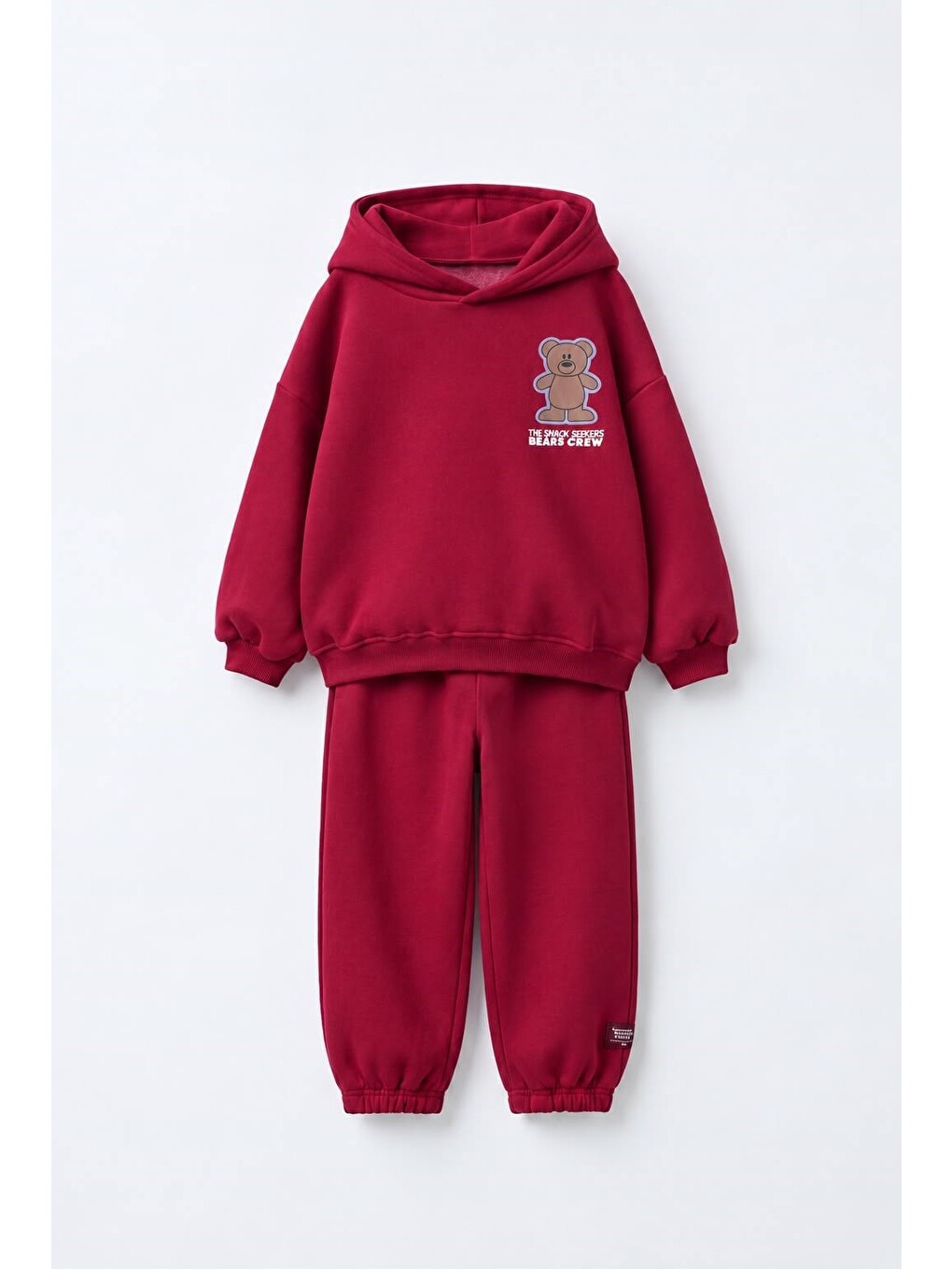 Karışık Çocuk Ayıcık Baskılı Bordo Kapüşonlu Sweatshirt Ve Eşofman Altı Takımı