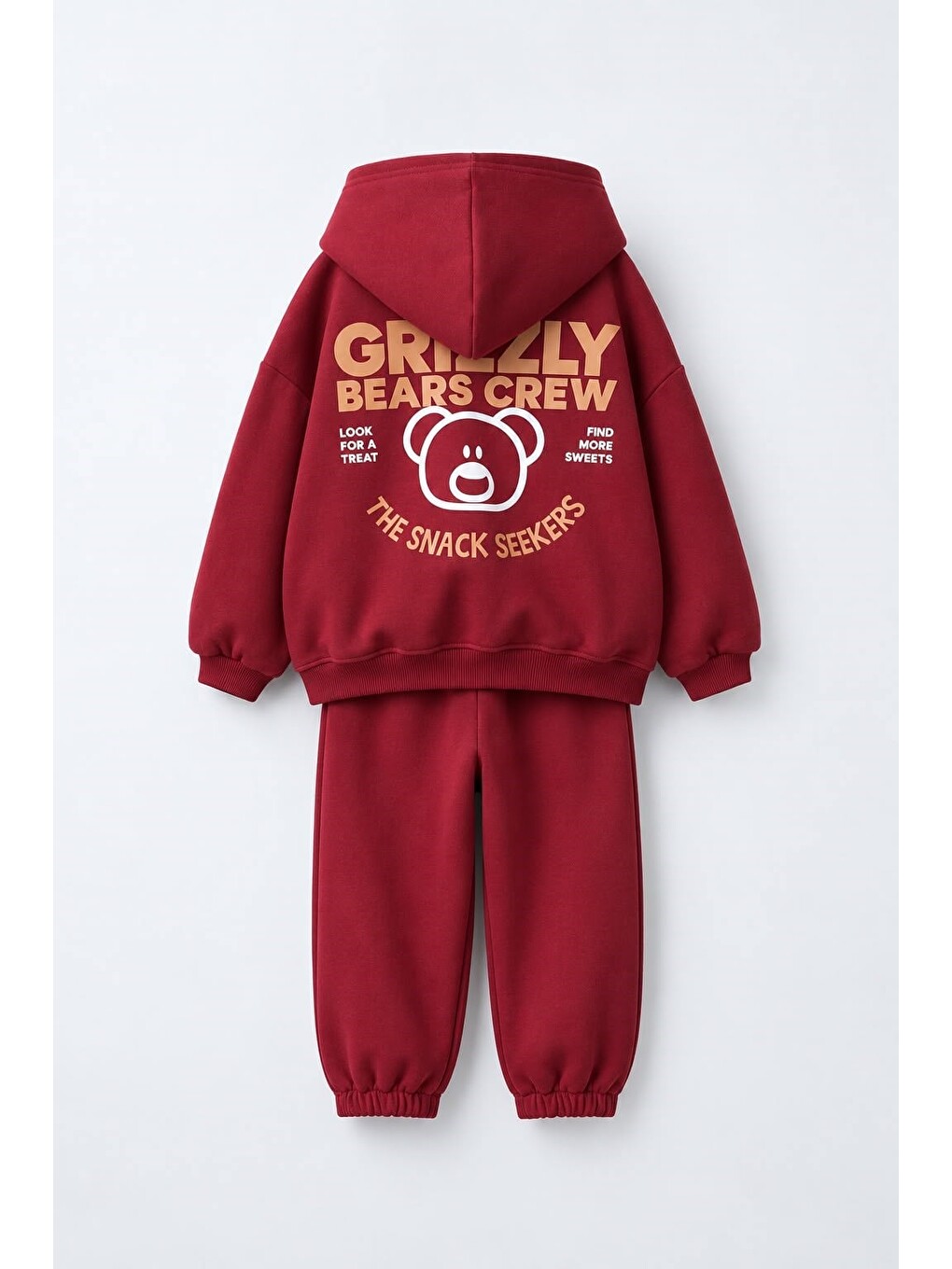 Karışık Çocuk Ayıcık Baskılı Bordo Kapüşonlu Sweatshirt Ve Eşofman Altı Takımı-1