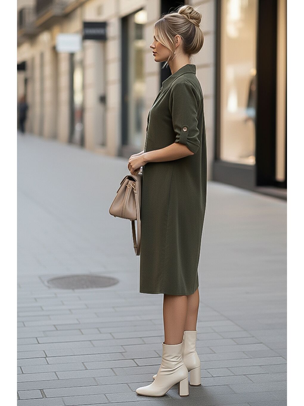 Haki Gömlek Yaka Düğmeli Uzun Kollu Cepli Casual Kadife Dokuma Elbise 105 55-1