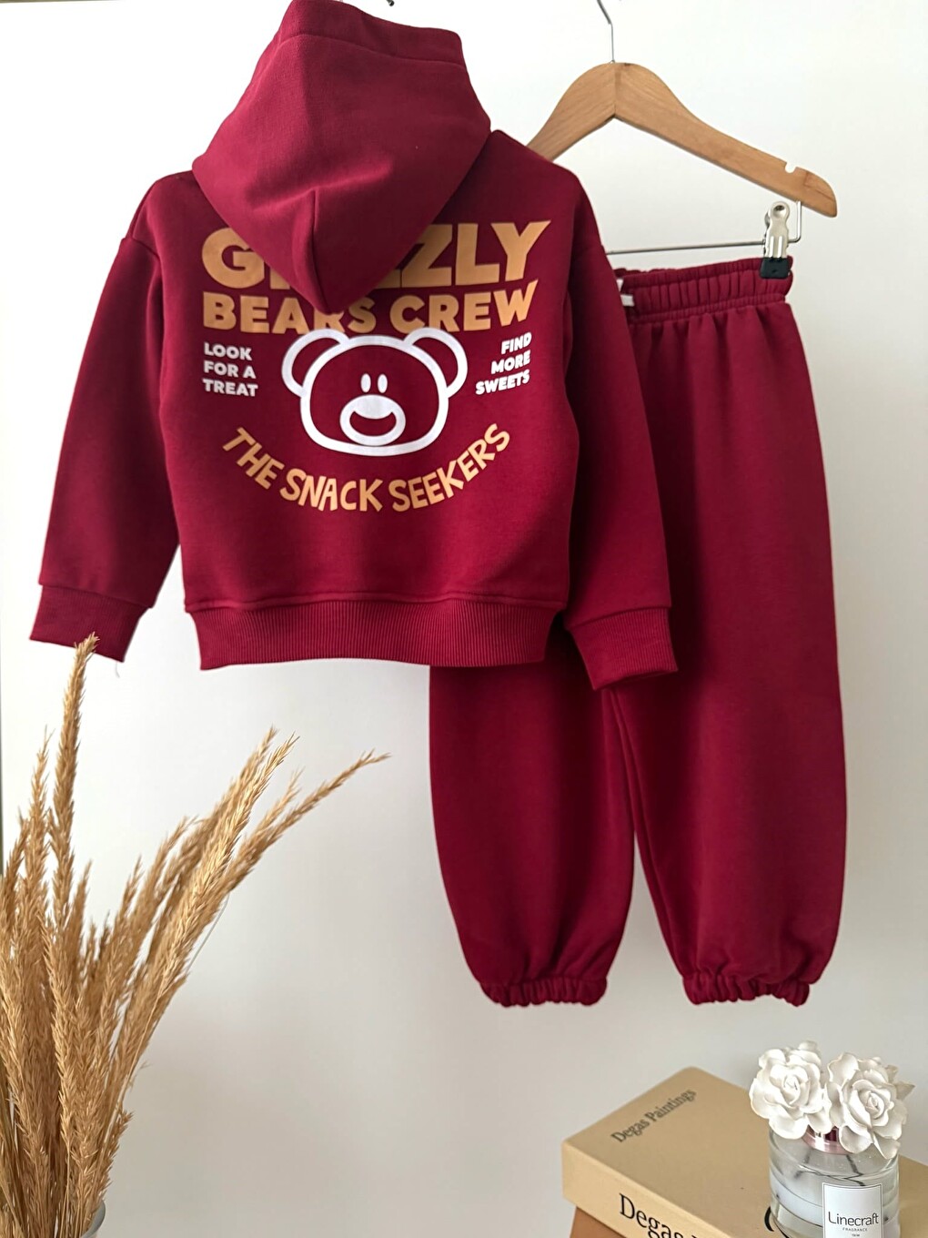 Karışık Çocuk Ayıcık Baskılı Bordo Kapüşonlu Sweatshirt Ve Eşofman Altı Takımı-2