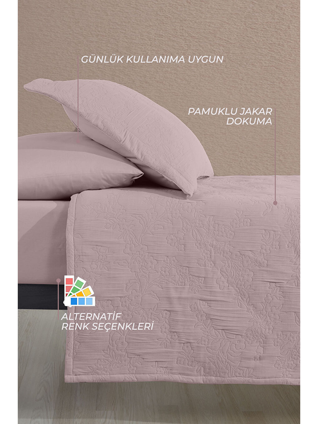 Pembe Nice Tek Kişilik Yatak Örtüsü 2 Parça (180x240 cm) Gülkurusu-2