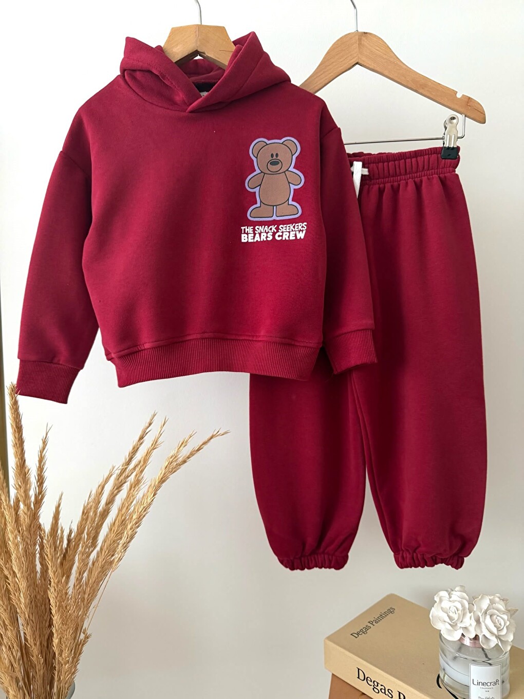 Karışık Çocuk Ayıcık Baskılı Bordo Kapüşonlu Sweatshirt Ve Eşofman Altı Takımı-3