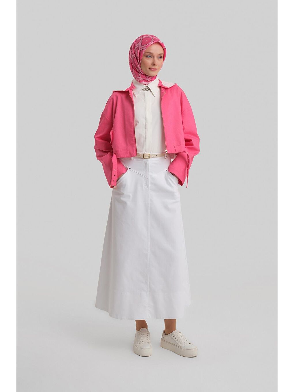 Pembe Seyyar Kapüşonlu Ve Kemerli Pamuk Ceket 24Y5406 Orkide-1