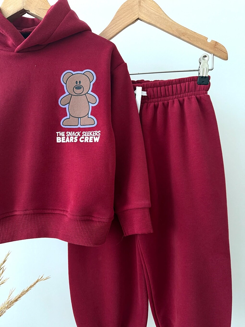 Karışık Çocuk Ayıcık Baskılı Bordo Kapüşonlu Sweatshirt Ve Eşofman Altı Takımı-4