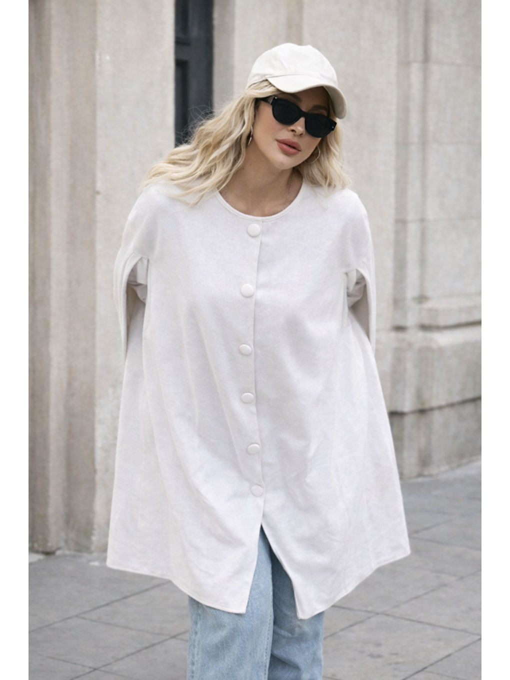Kadın Düğmeli Premium Comfort Beyaz Kaşe Panço-2