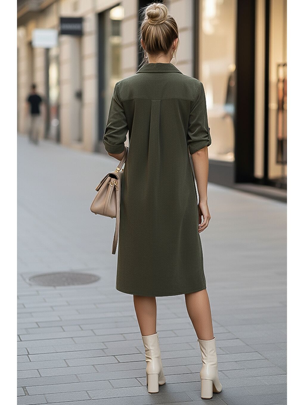 Haki Gömlek Yaka Düğmeli Uzun Kollu Cepli Casual Kadife Dokuma Elbise 105 55-2