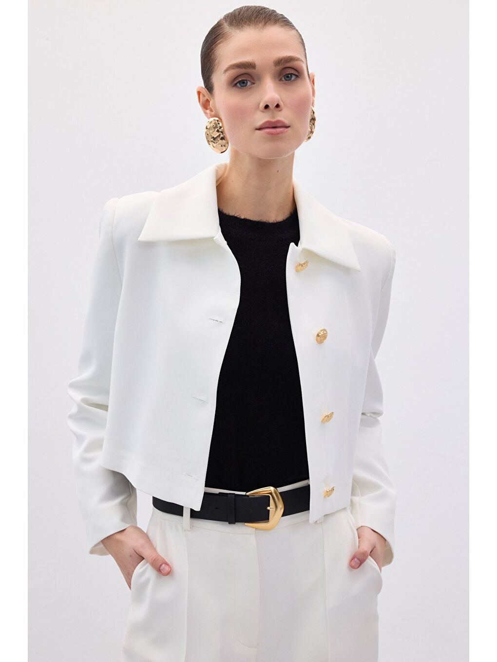 Düğmeli Kısa Ceket - Ekru-2