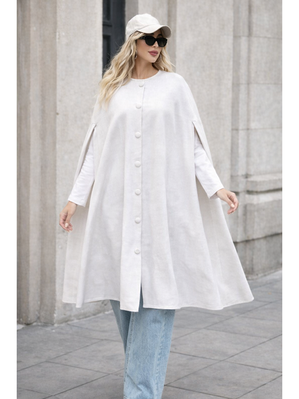 Kadın Düğmeli Premium Comfort Beyaz Kaşe Panço-3