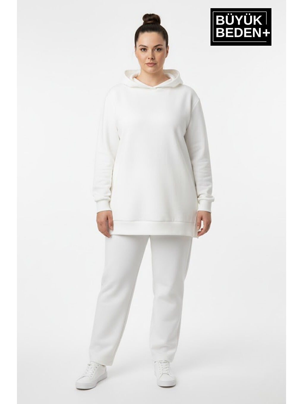 Ekru Büyük Beden Kapüşonlu Tunik Sweatshırt SPR26BTK991