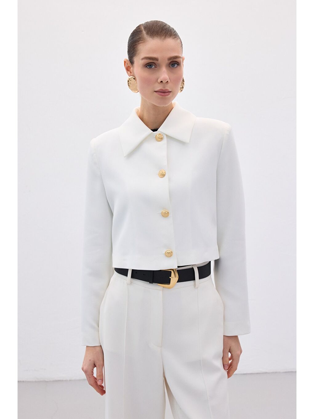 Düğmeli Kısa Ceket - Ekru-3