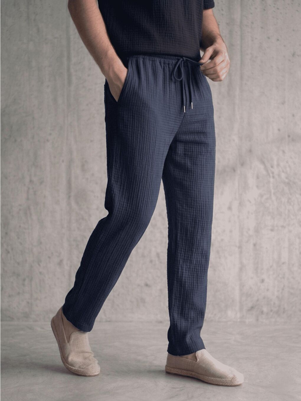 Lacivert Lanz Erkek Pamuklu Müslin Pantolon | Rahat Kesim, Beli Lastikli ve Bağcıklı-1