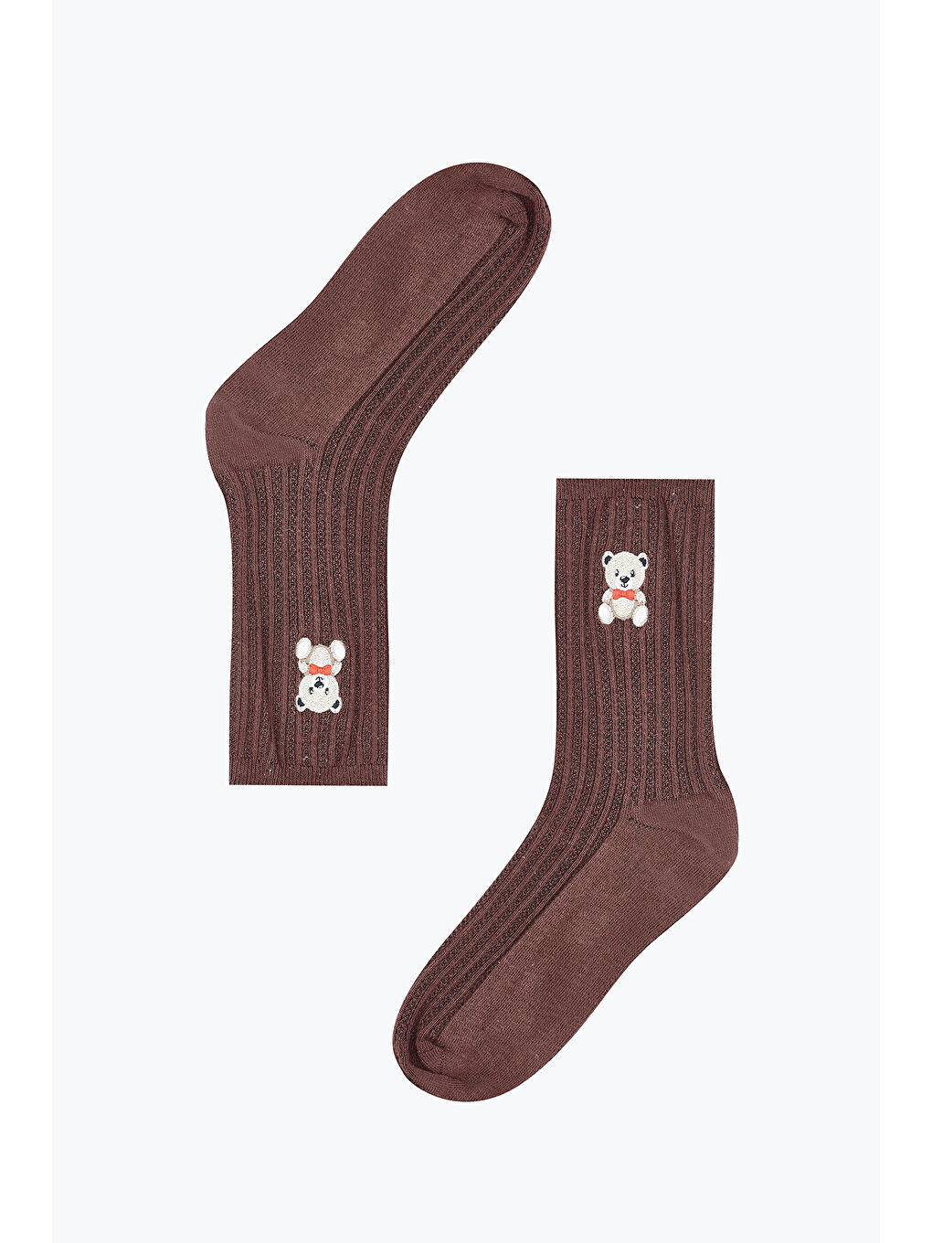 Bordo Nakışlı Ayıcık Desenli Uzun Soket Çorap