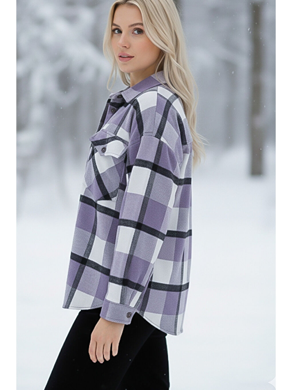 Lila Gömlek Yaka Manşetli Kollu Ekose Çift Kapaklı Cepli Kalın Oversize Dokuma Gömlek 68 66-2