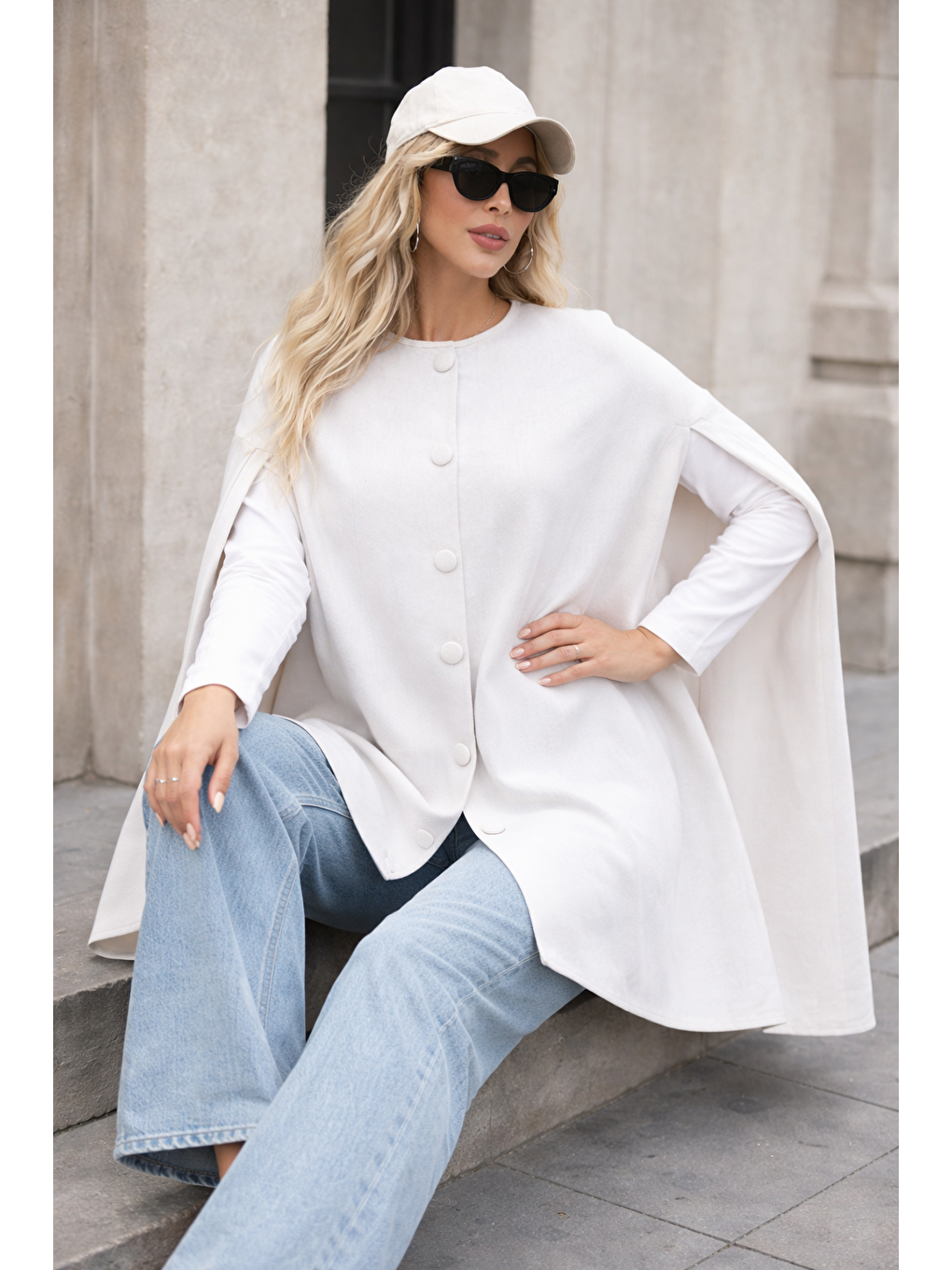 Kadın Düğmeli Premium Comfort Beyaz Kaşe Panço-4