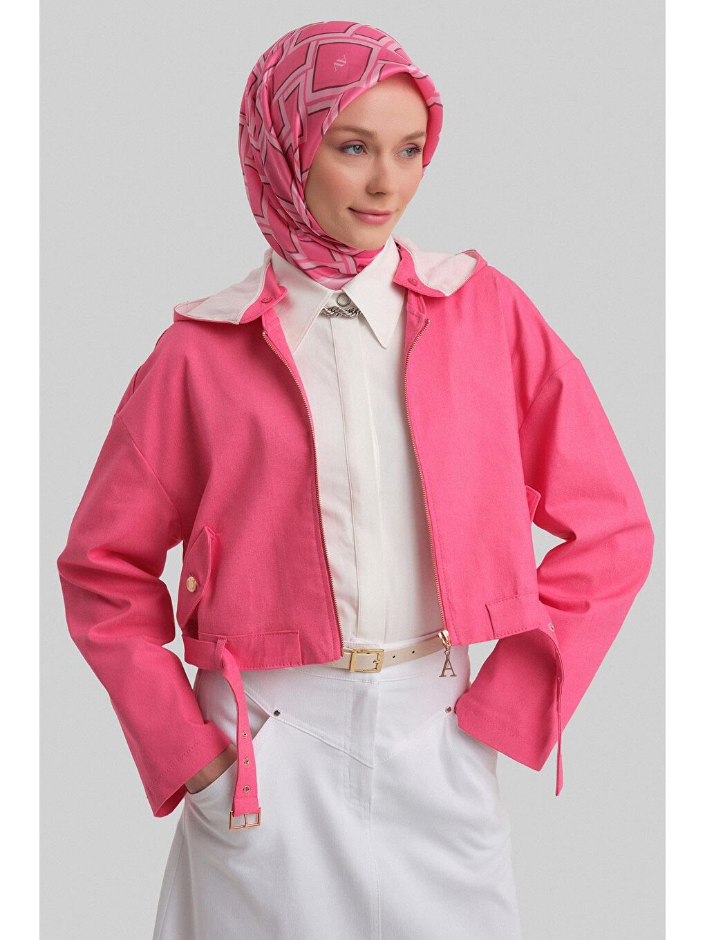 Pembe Seyyar Kapüşonlu Ve Kemerli Pamuk Ceket 24Y5406 Orkide-3