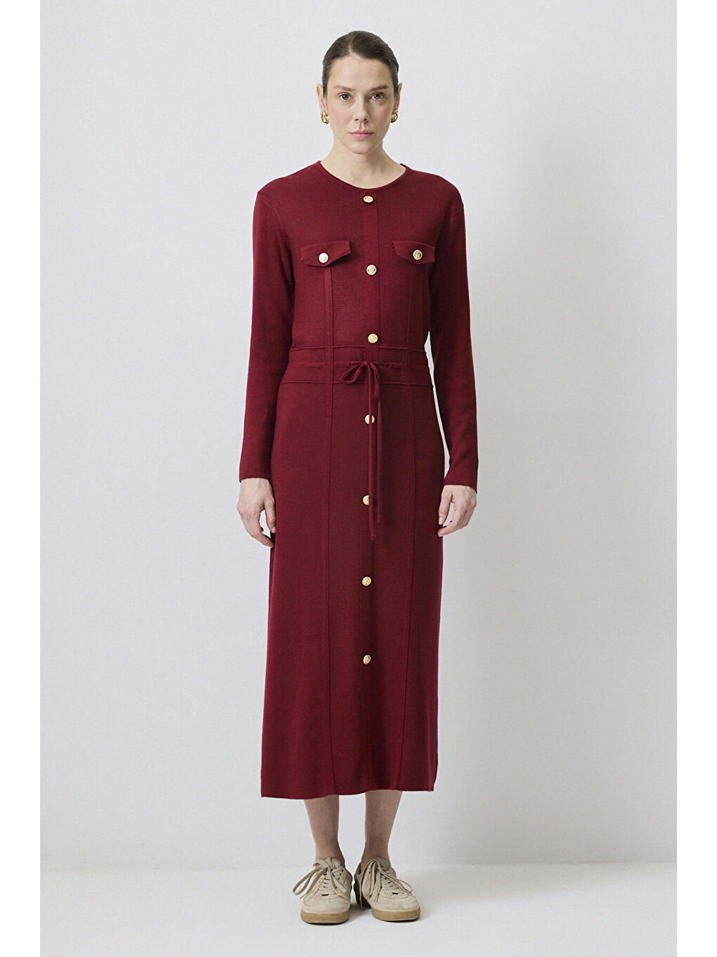 Bordo Gold Düğmeli Triko Elbise