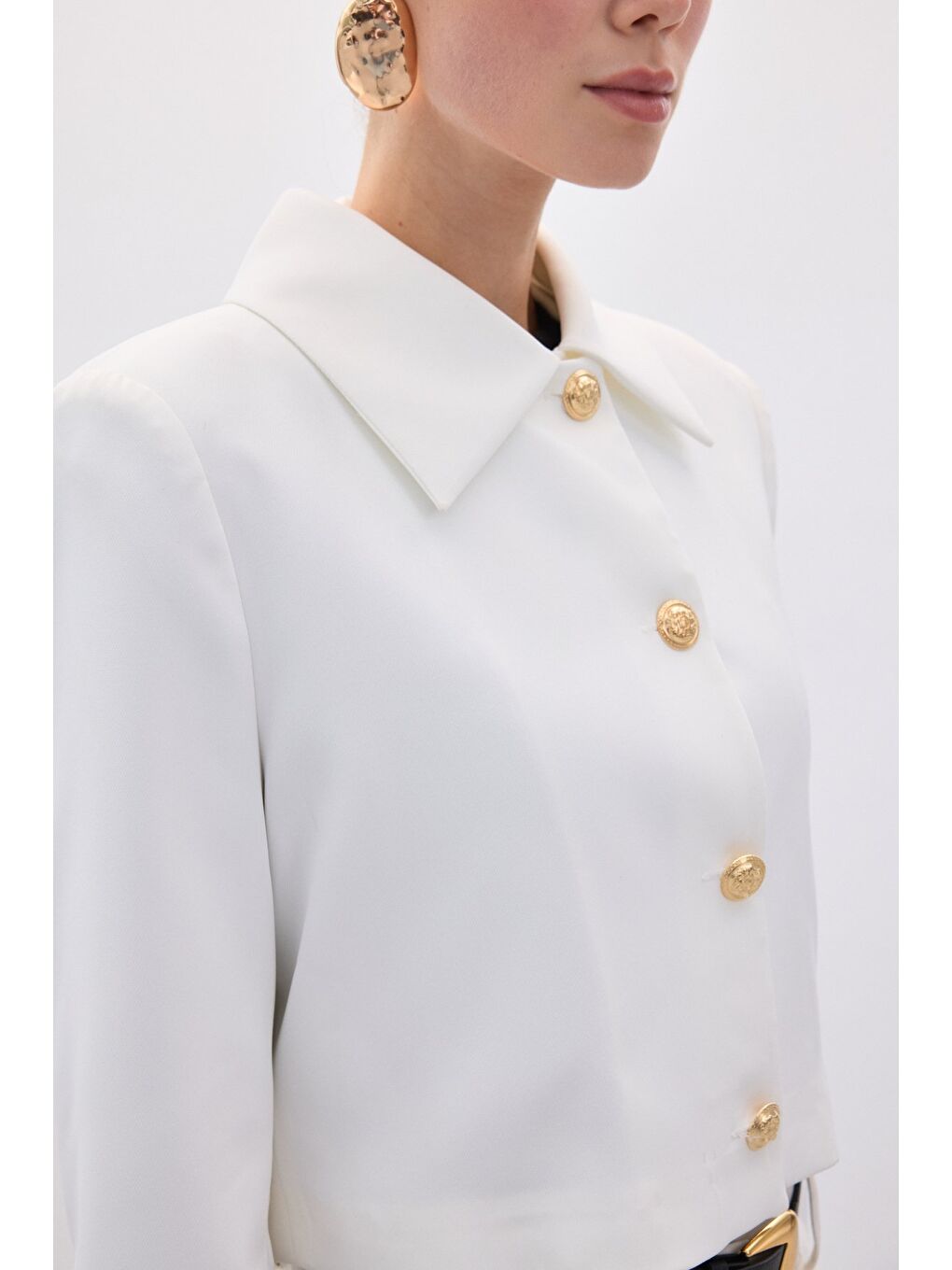 Düğmeli Kısa Ceket - Ekru-6