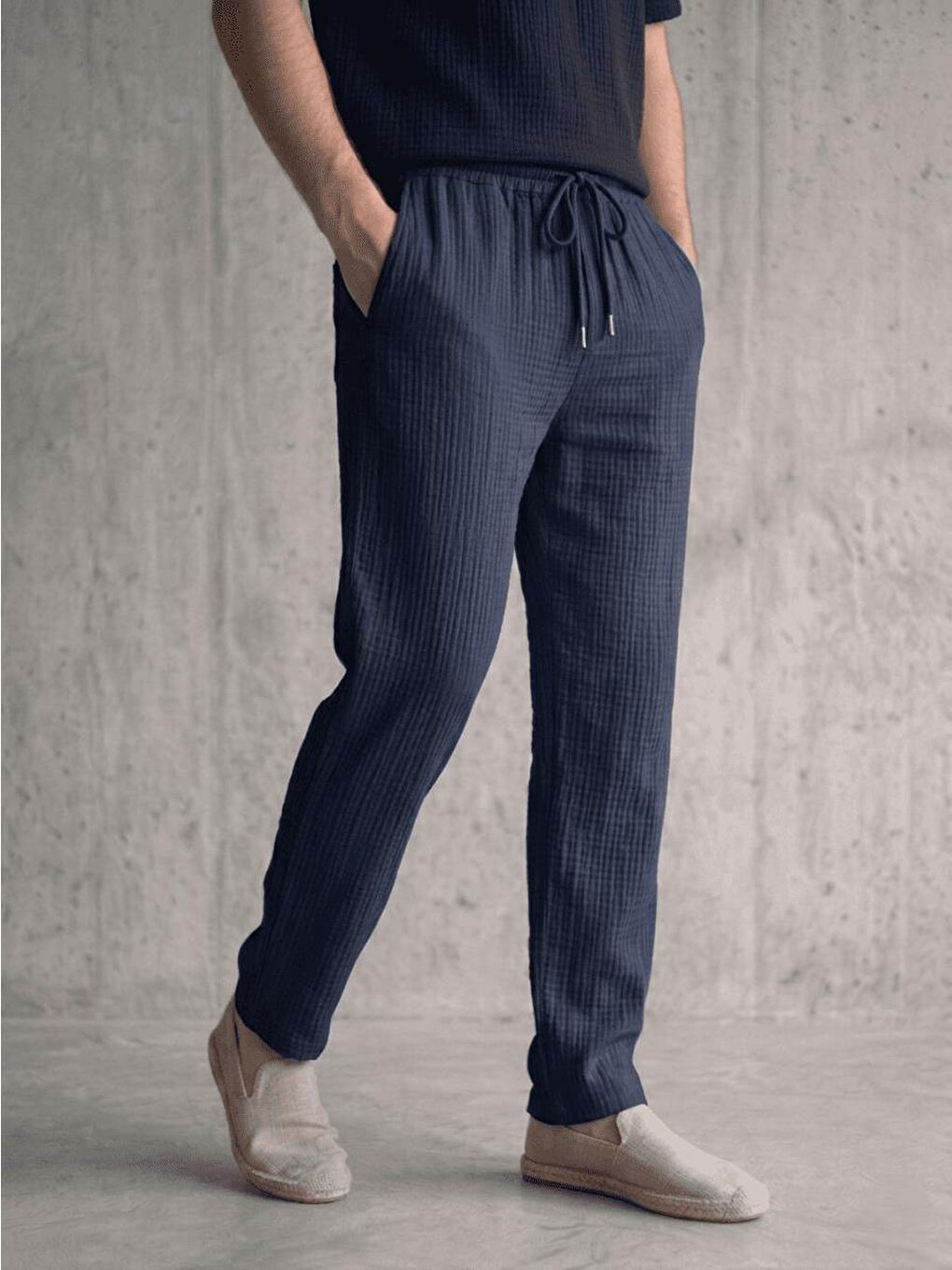 Lacivert Lanz Erkek Pamuklu Müslin Pantolon | Rahat Kesim, Beli Lastikli ve Bağcıklı-2