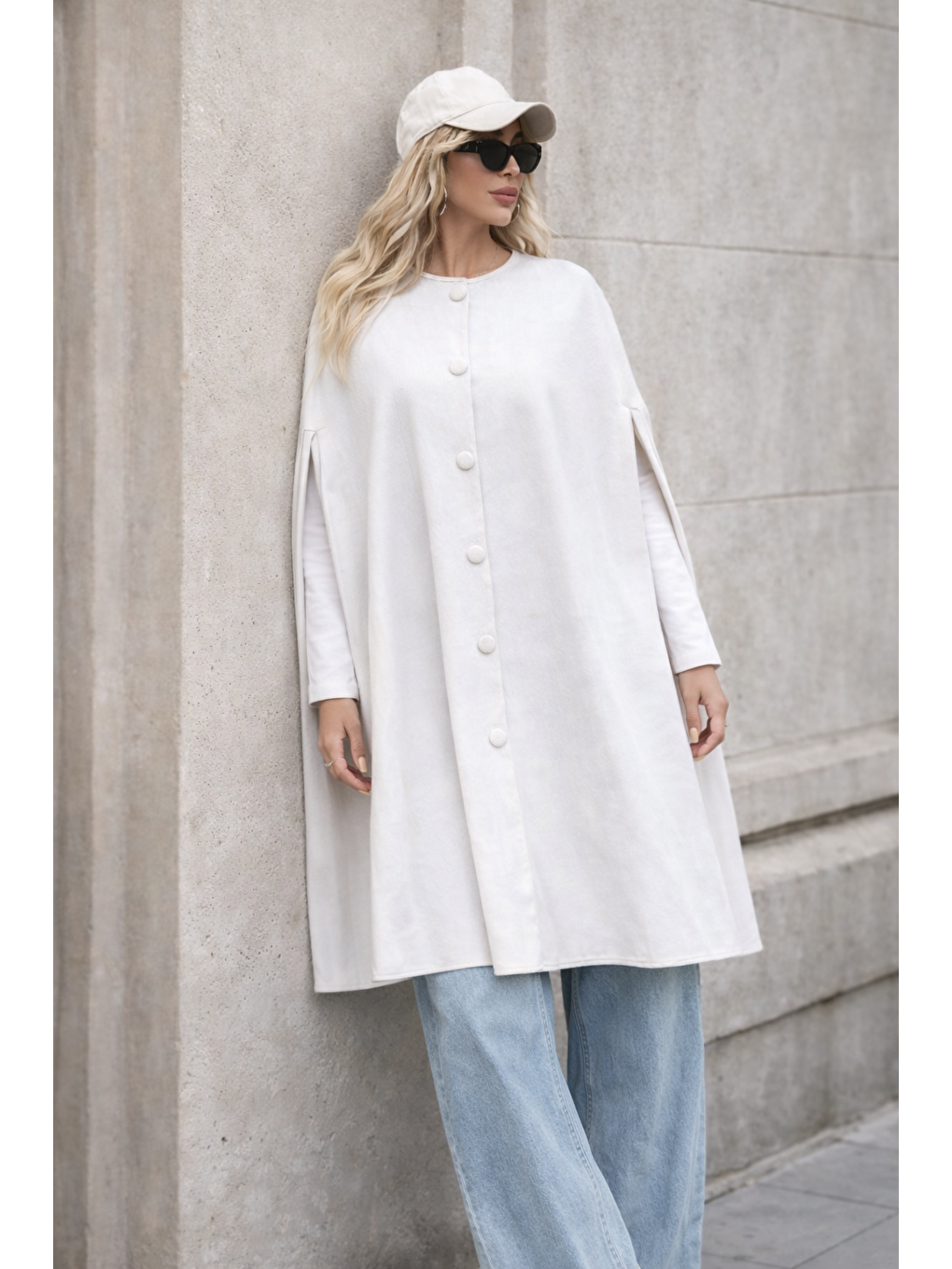 Kadın Düğmeli Premium Comfort Beyaz Kaşe Panço-5