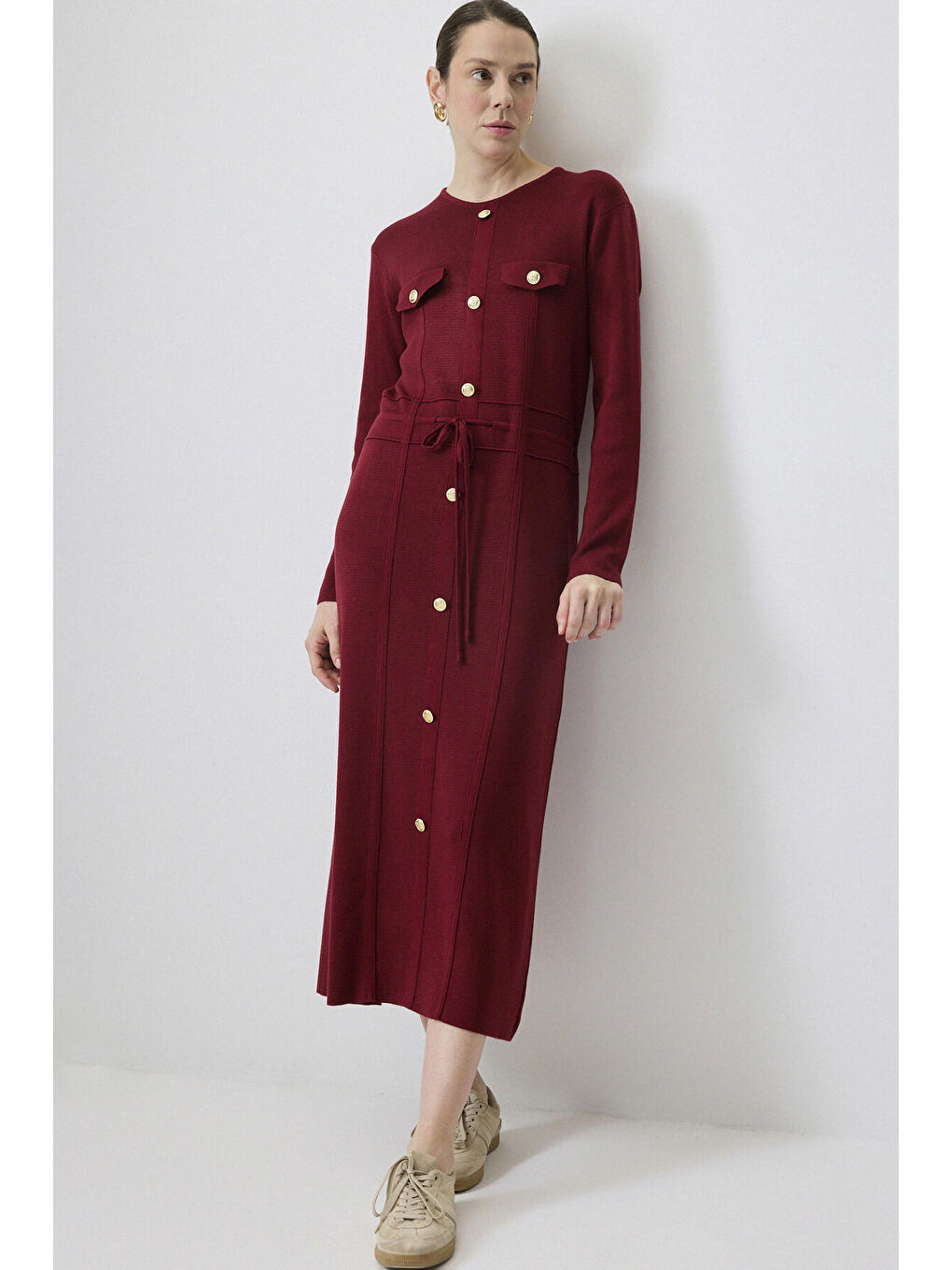 Bordo Gold Düğmeli Triko Elbise-1