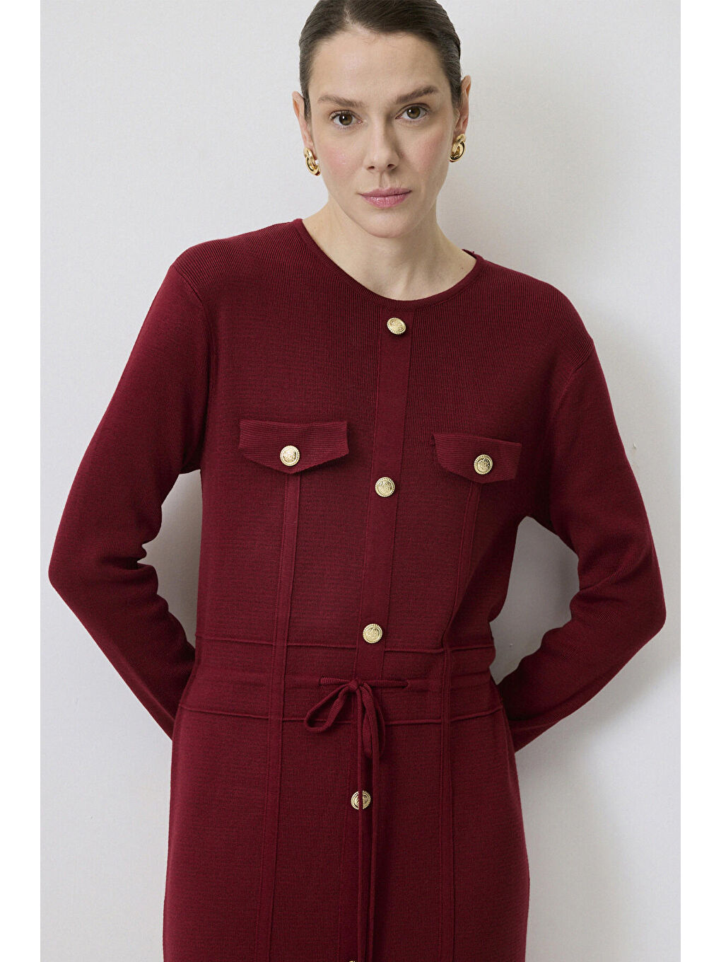 Bordo Gold Düğmeli Triko Elbise-2