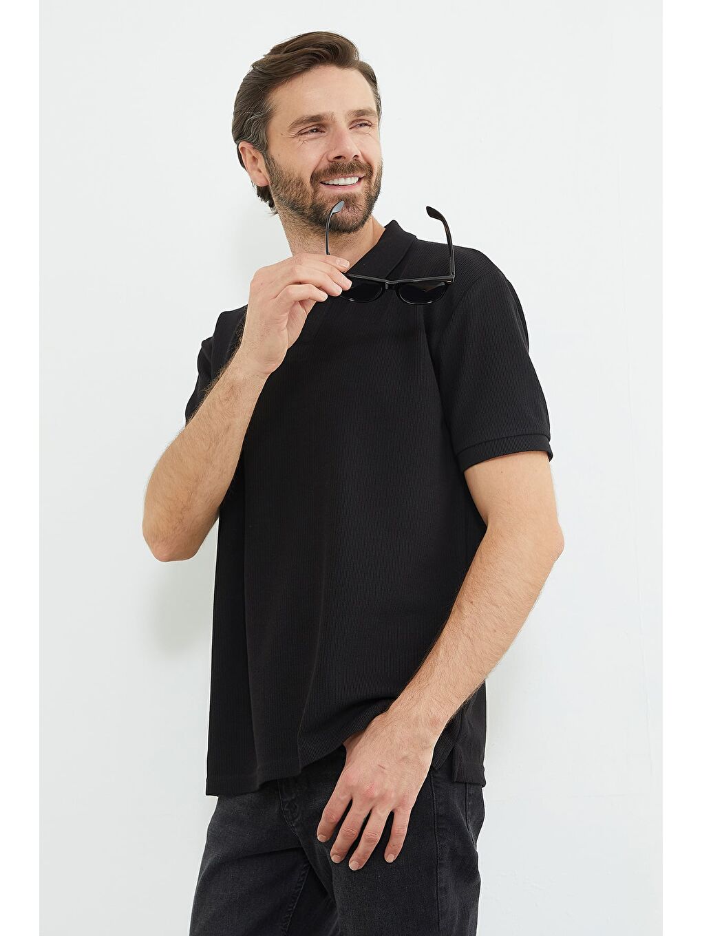 Siyah Fitilli Polo Yaka Triko Tişört-1