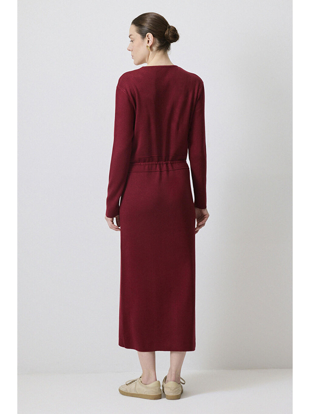 Bordo Gold Düğmeli Triko Elbise-3