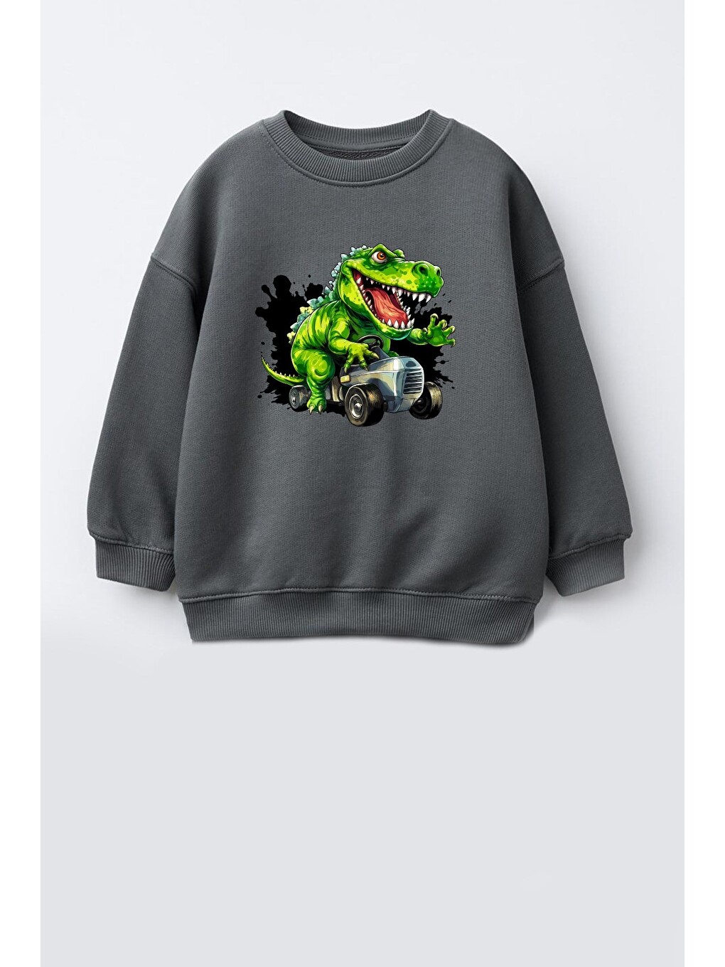 Antrasit Erkek Çocuk 3 İplik Kumaş Dinozor Baskılı Pamuklu Sweatshirt