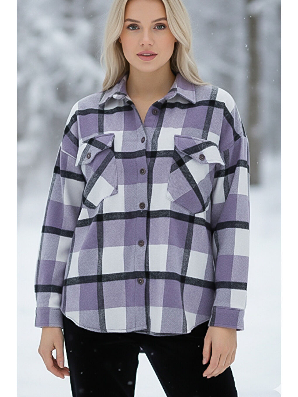Lila Gömlek Yaka Manşetli Kollu Ekose Çift Kapaklı Cepli Kalın Oversize Dokuma Gömlek 68 66-3