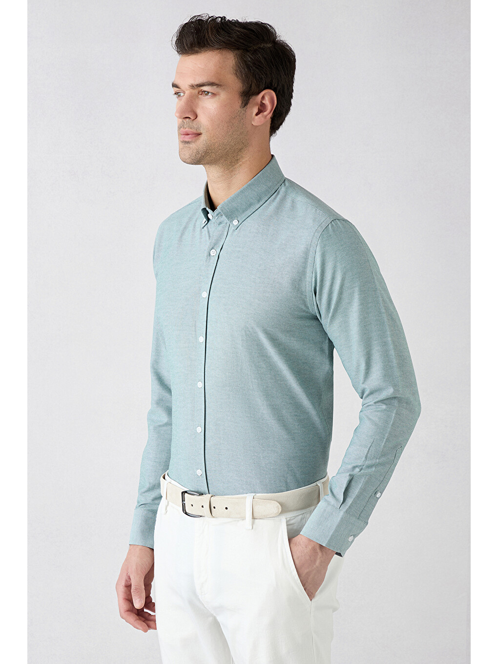 Yeşil Uzun Kol Slim Fit Düğmeli Yaka Pamuklu Kolay Ütülenebilir 4 Mevsim Oxford Gömlek-1