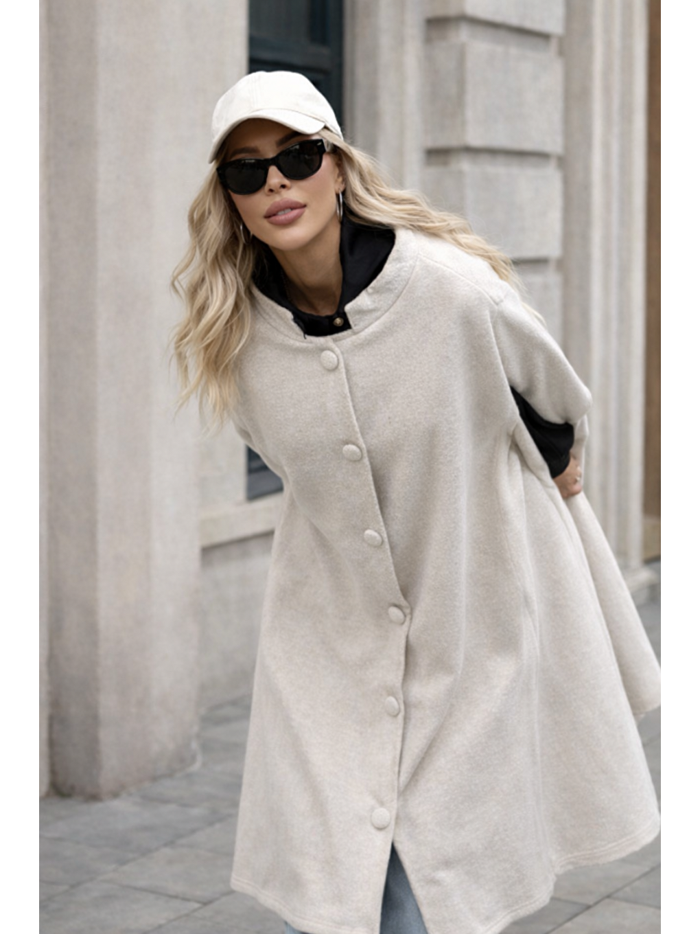 Ekru Kadın Düğmeli Premium Comfort Krem Kaşe Panço-2