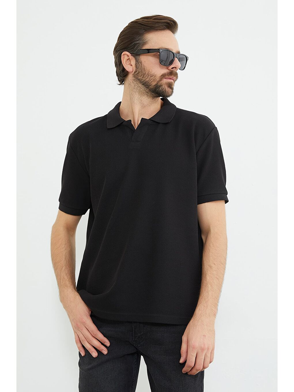 Siyah Fitilli Polo Yaka Triko Tişört-2