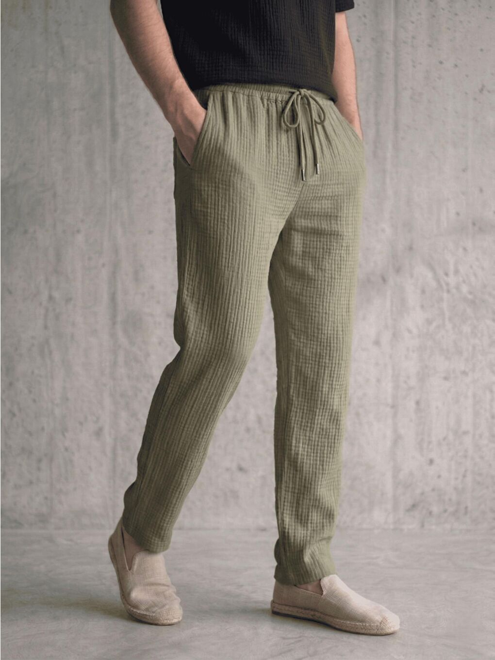 Yeşil Lanz Erkek Pamuklu Müslin Pantolon | Rahat Kesim, Beli Lastikli ve Bağcıklı