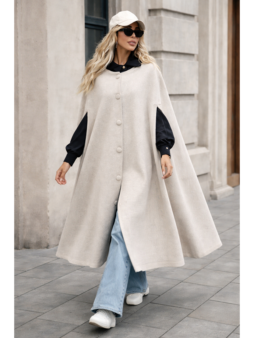 Ekru Kadın Düğmeli Premium Comfort Krem Kaşe Panço-3