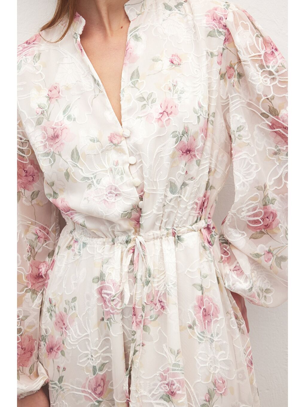 Pembe Nakışlı Desenli Uzun Elbise - Pudra-6