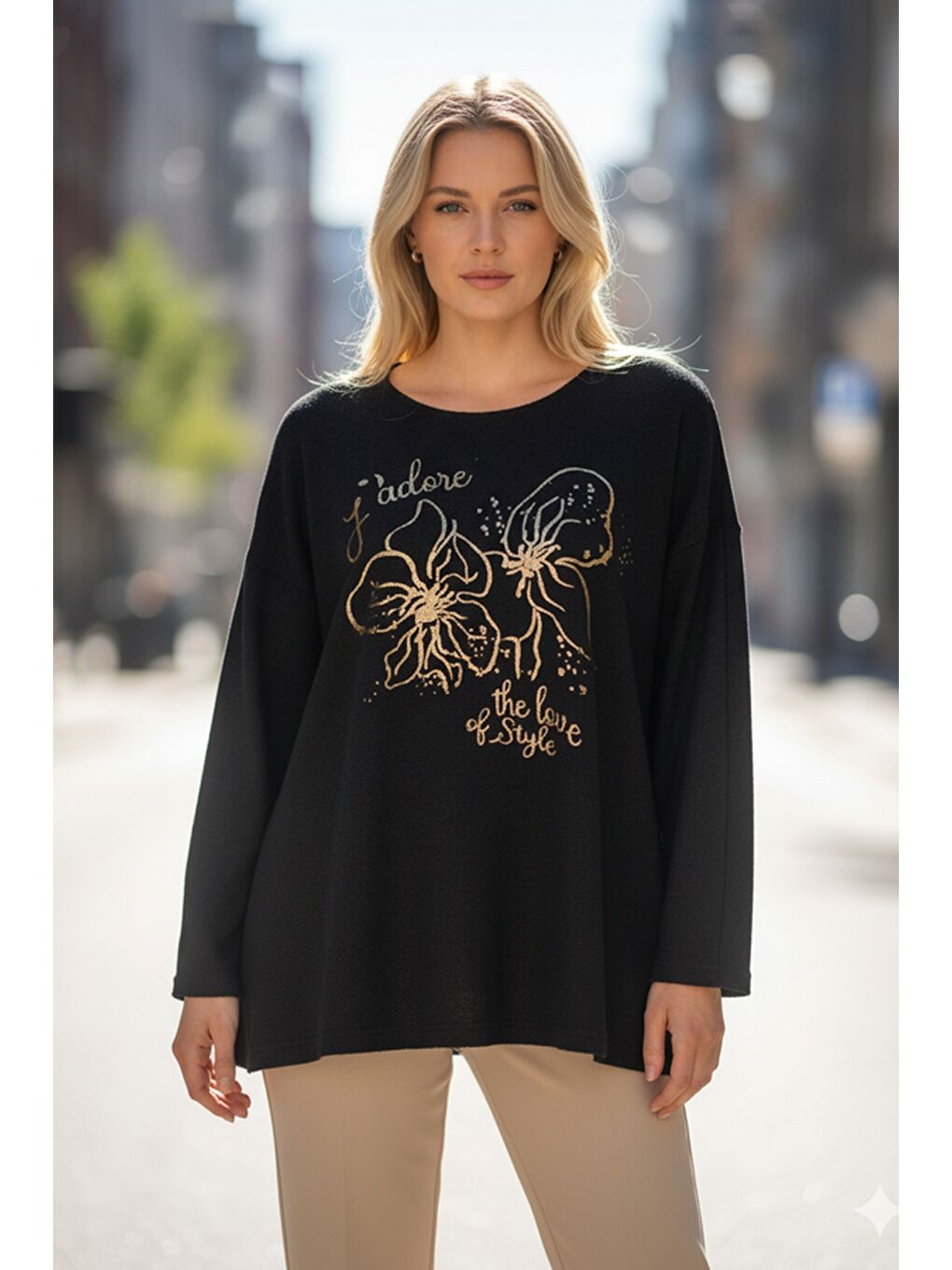 İtalyan Siyah Havuz Yaka Uzun Kol Çiçekli Varak Baskılı Casual Oversize Triko Bluz 75 75