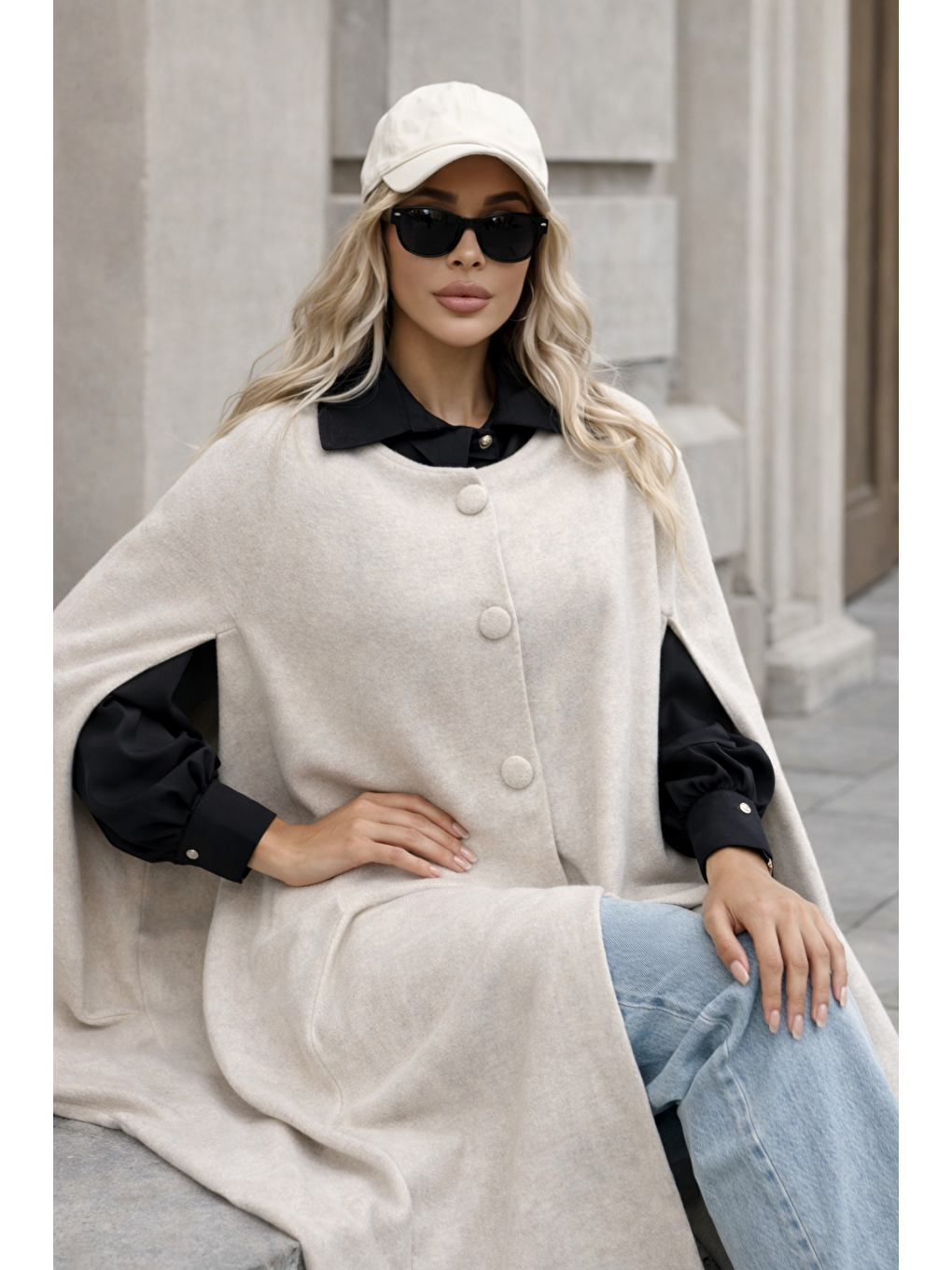 Ekru Kadın Düğmeli Premium Comfort Krem Kaşe Panço-4