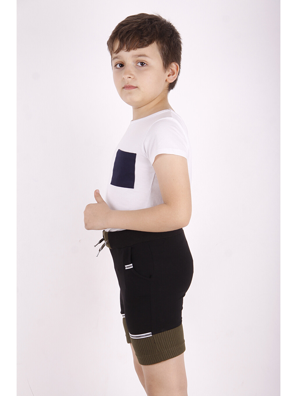 Haki Erkek Çocuk Sport Şeritli Garnili Şort-1