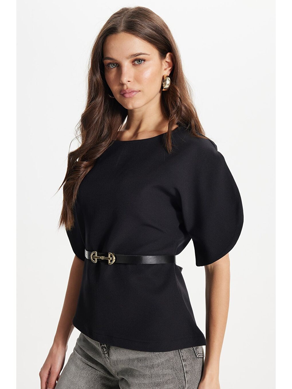 Kadın Slim Fit Dar Kesim Kol Detaylı İnce Kemerli Fermuarlı Siyah Bluz Gömlek-3