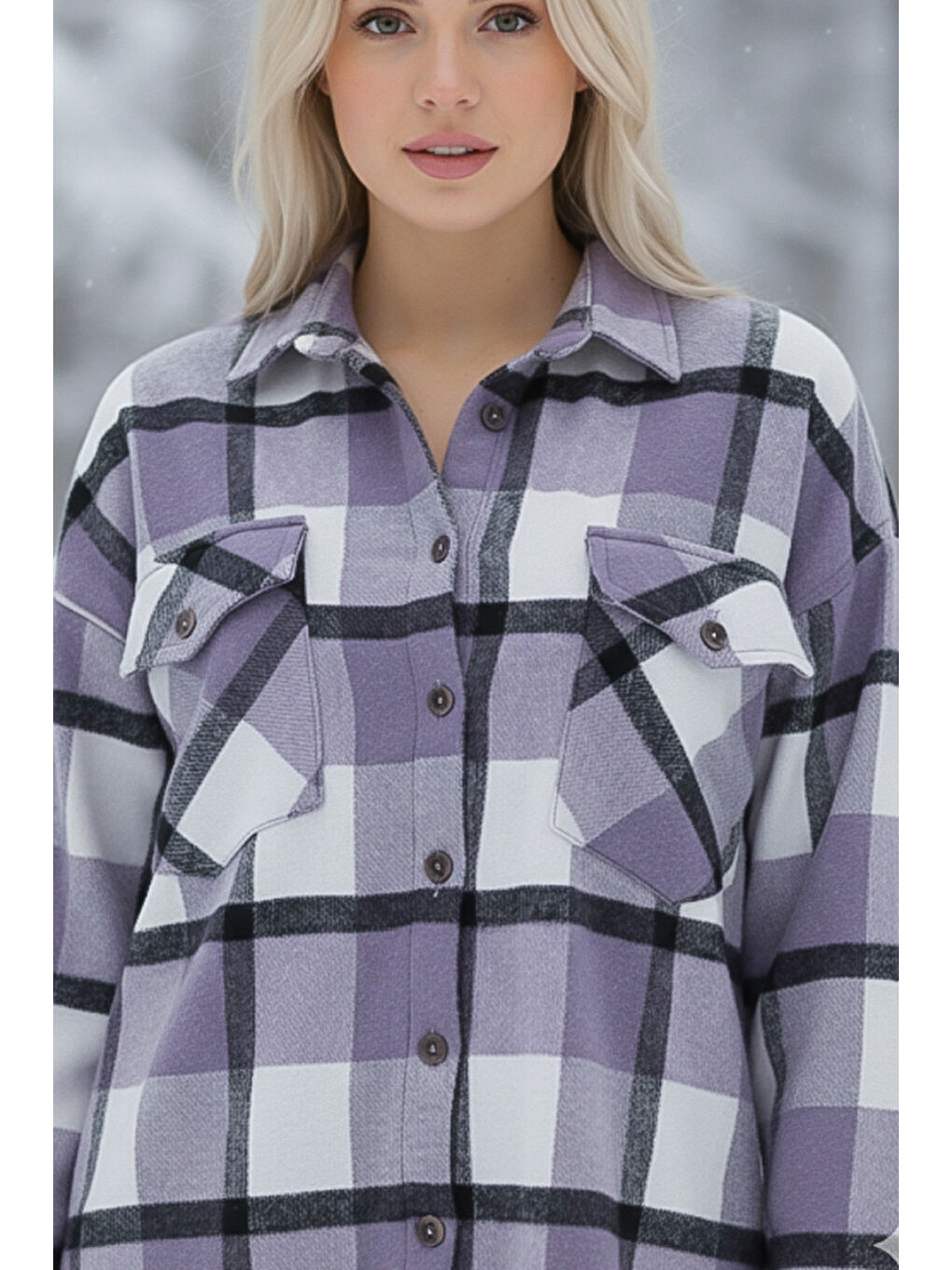 Lila Gömlek Yaka Manşetli Kollu Ekose Çift Kapaklı Cepli Kalın Oversize Dokuma Gömlek 68 66-4