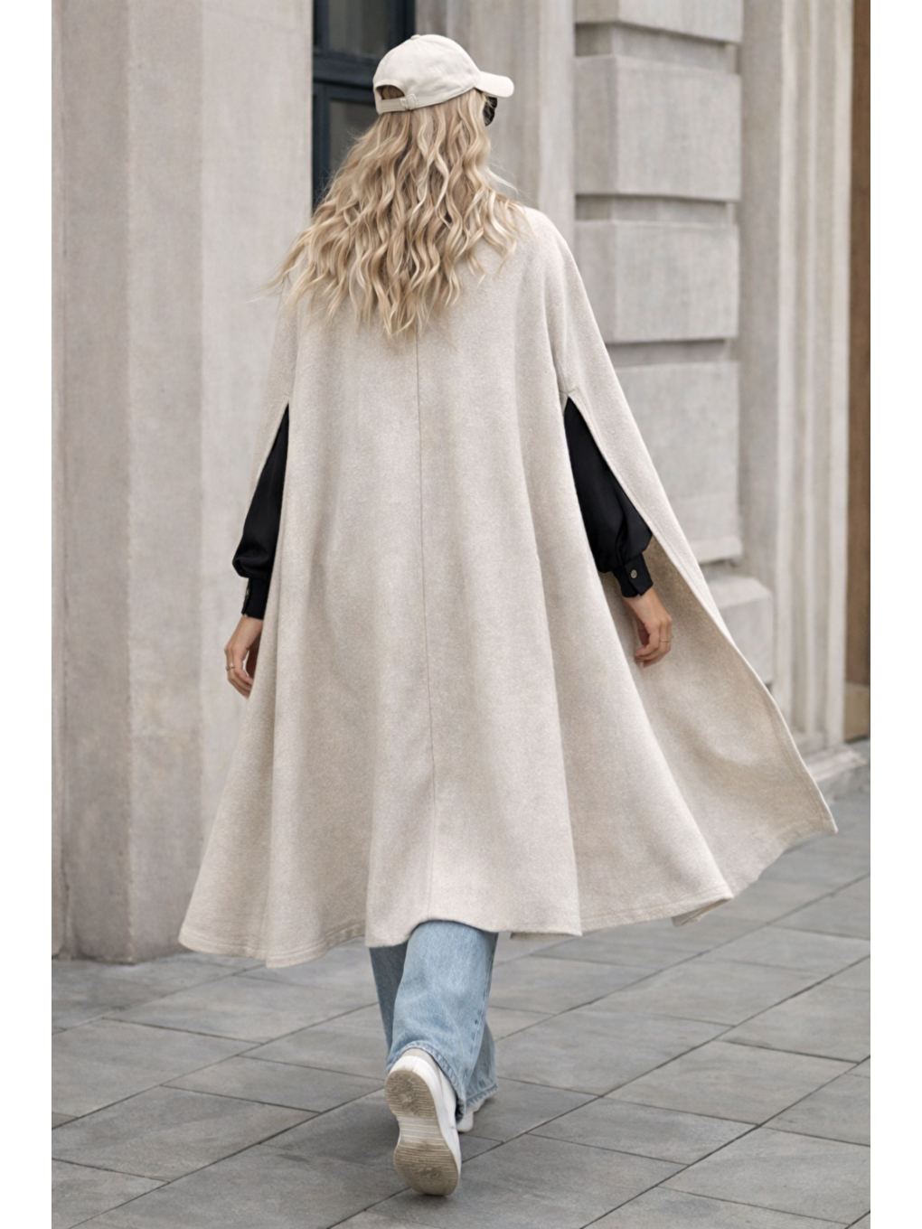 Ekru Kadın Düğmeli Premium Comfort Krem Kaşe Panço-5