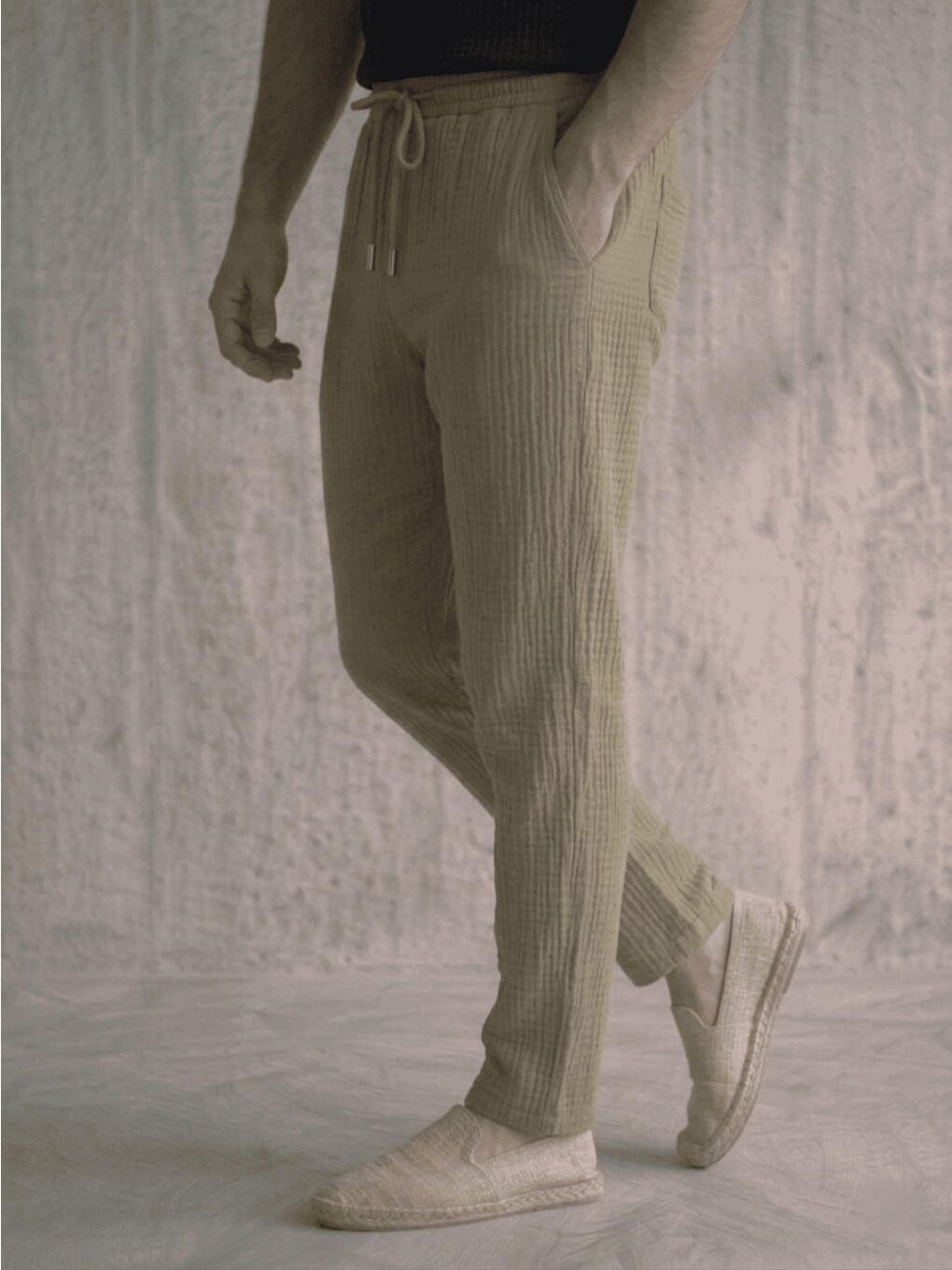 Yeşil Lanz Erkek Pamuklu Müslin Pantolon | Rahat Kesim, Beli Lastikli ve Bağcıklı-2