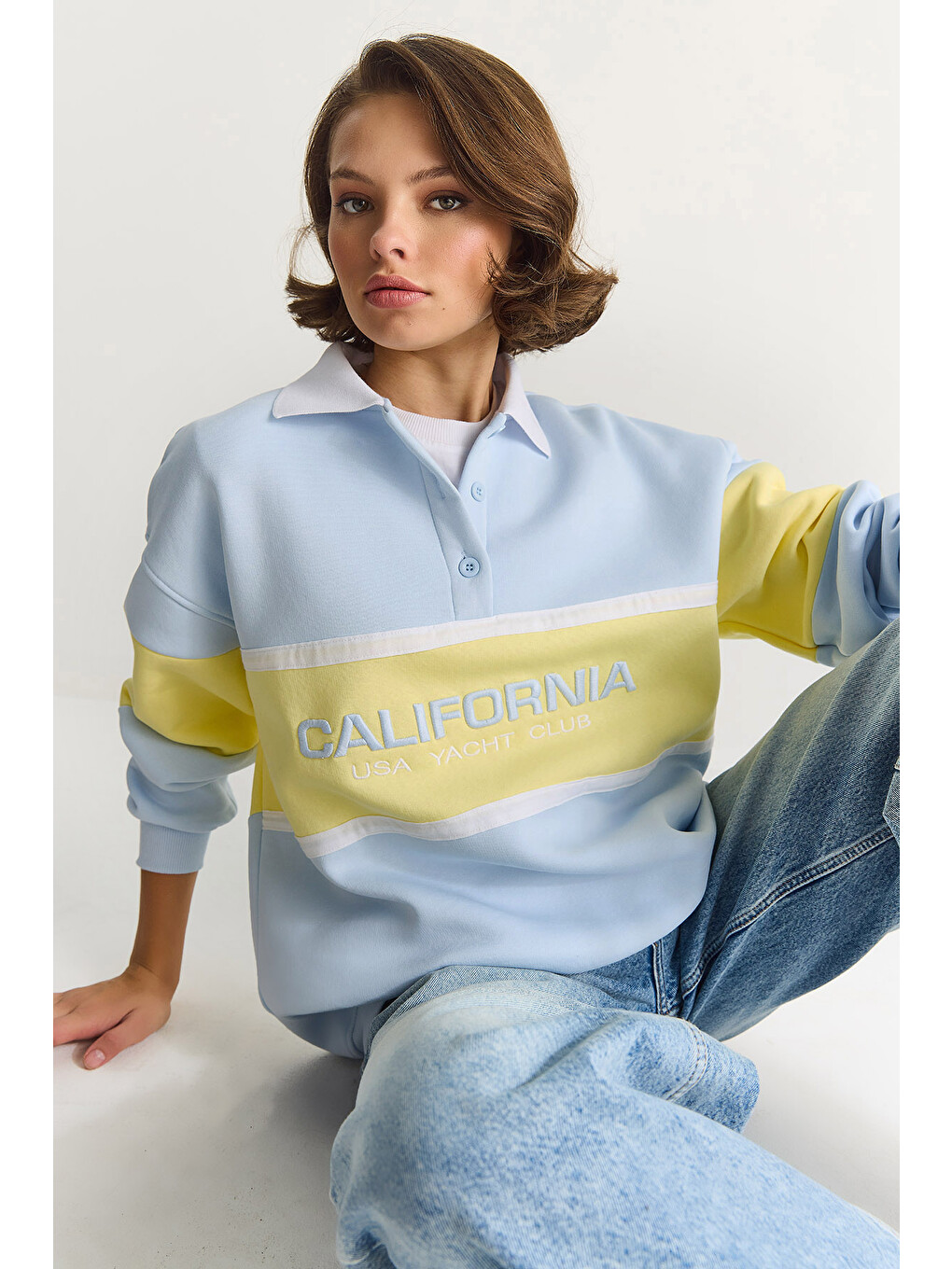 Mavi Kadın Polo Yaka Düğmeli California Yazılı Nakış Detaylı Oversize Kadın Sweatshirt-2