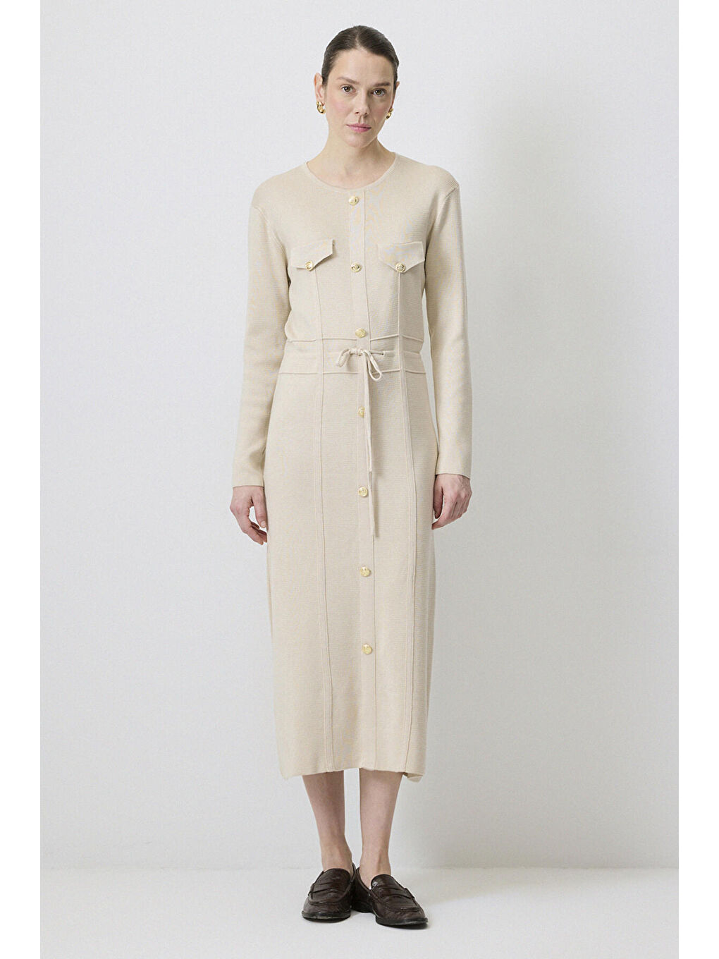 Bej Gold Düğmeli Triko Elbise