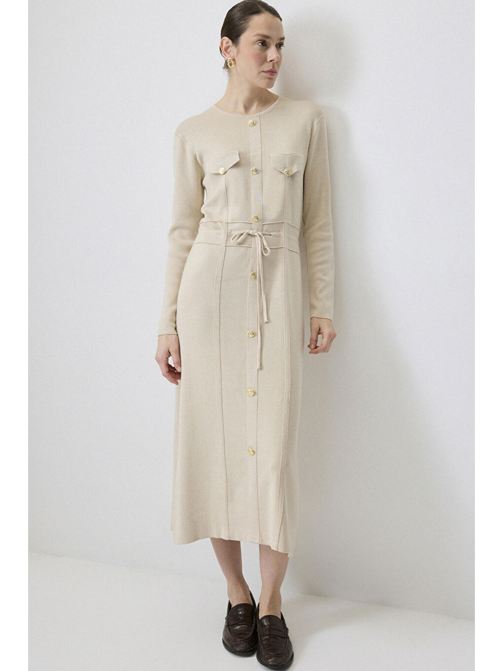 Bej Gold Düğmeli Triko Elbise-1